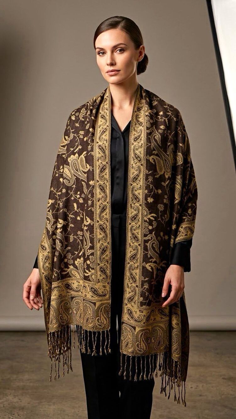 Women’s Brown/Beige Paisley Fringe Rectangle Scarf Woven Viscose  65inx27in